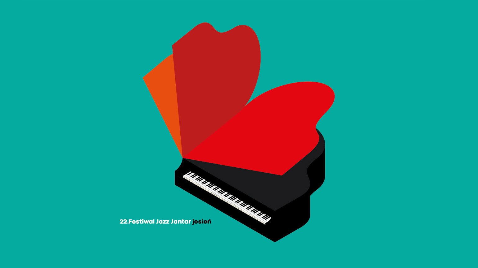 Чёрный рояль с красной крышкой в виде сердца на бирюзовом фоне