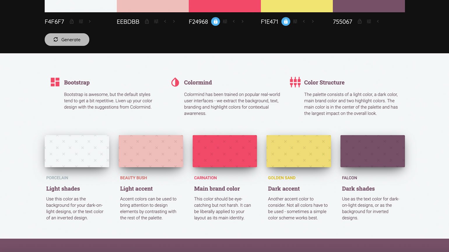 цветовая схема для сайта с белым, розовым, розово-красным, жёлтым и тёмно-фиолетовым