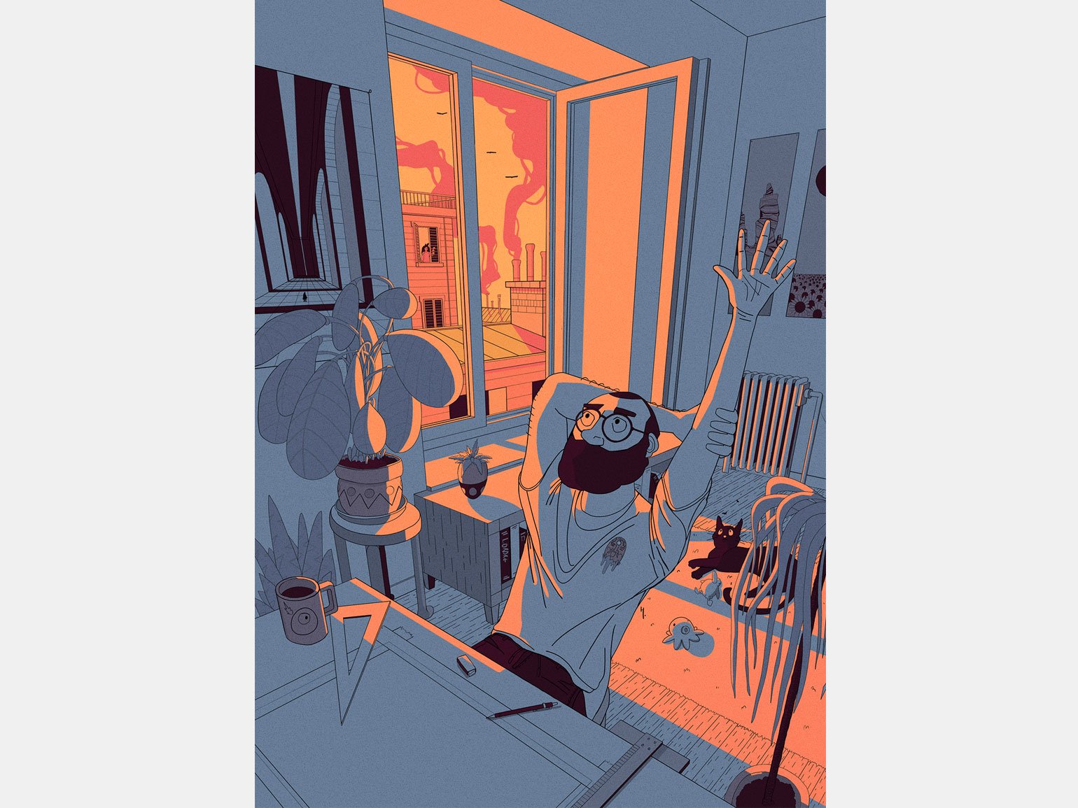 иллюстрация для журнала мужчина-архитектор потягивается вечером в комнате с котом