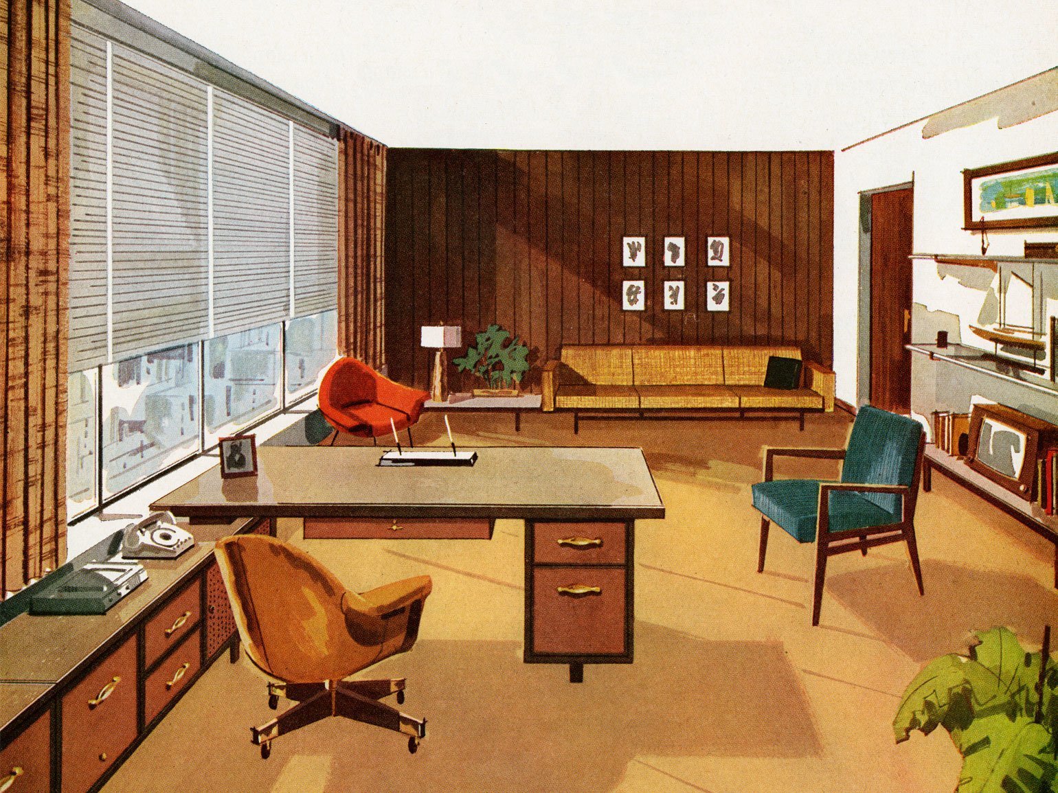  В офисе рабочий стол, кресло на колёсиках, мягкое кресло, диван, жалюзи и шторы в стиле шестидесятых