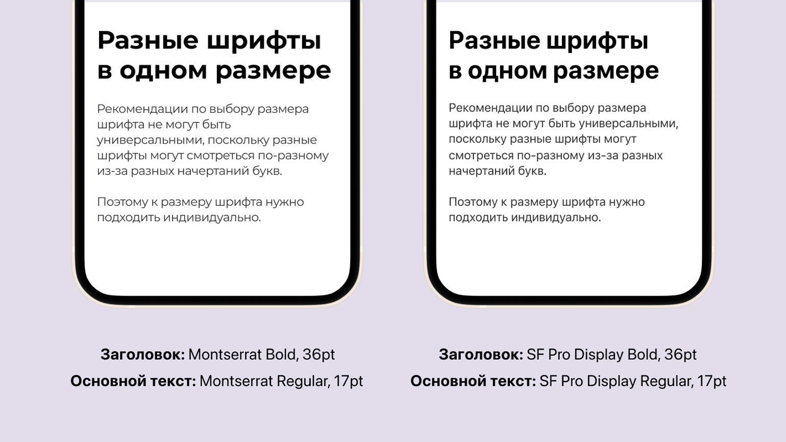 Экраны телефонов с разным размером шрифта. Слева текст слишком мелкий. Справа — достаточно крупный и хороший.
