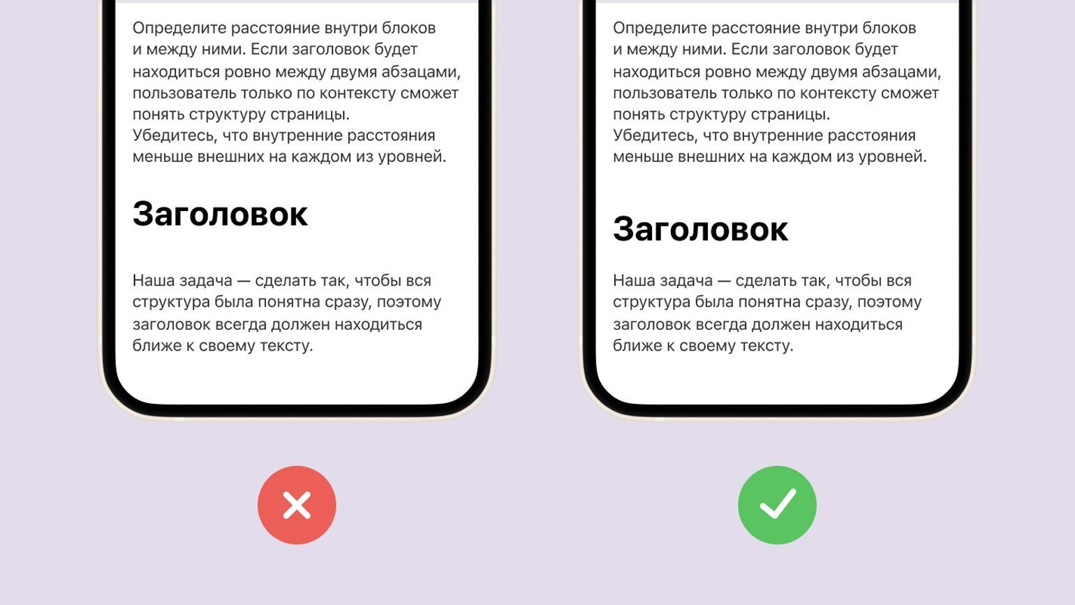 Экраны телефонов с разными отступами от заголовка до основного текста. Слева непонятно, к какому абзацу относится текст, а справа — понятно.