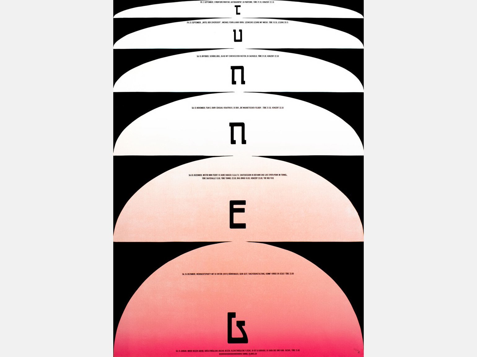 дизайн плаката с полукругами и полуовалами с градиентом розового и шрифтом латиницы, напоминающим иврит