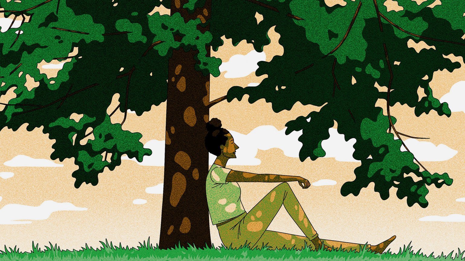 иллюстрация с женщиной, сидящей под деревом летом