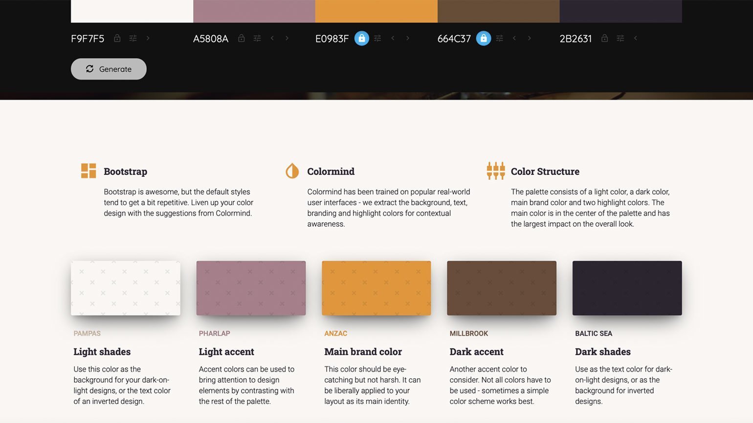 цветовая схема для приложения с белым фоном, тёмно-розовыми акцентами, оранжевым цветом бренда, коричневыми акцентами и тёмно-синими элементами