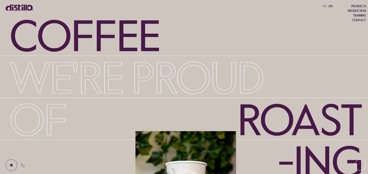 сайт для кофейни и обжарщика с серым фоном и тёмно-фиолетовым шрифтом в минималистичном стиле