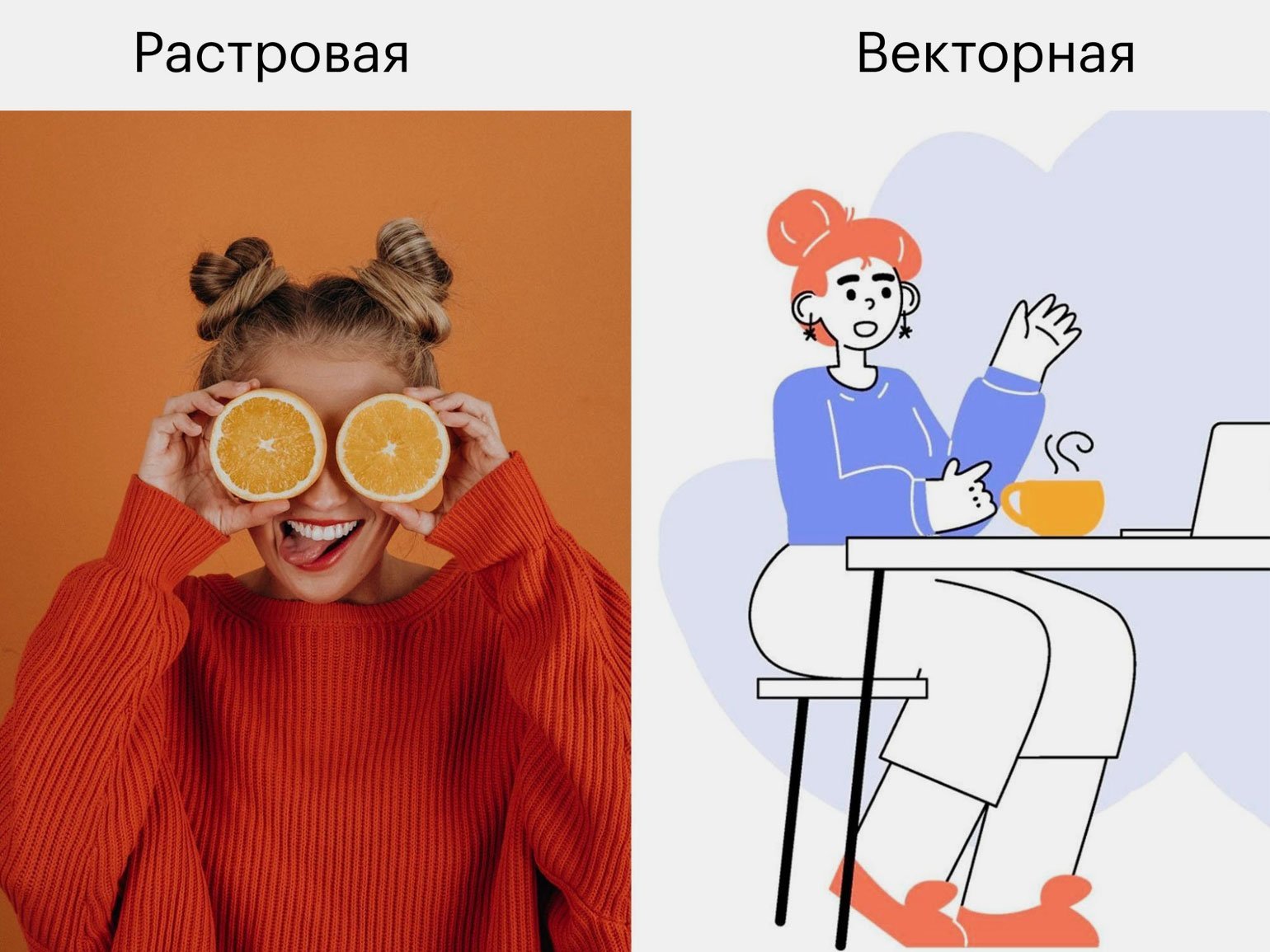 Фотография девушки с апельсинами — растровая графика. Изображение девушки за столом — векторная графика.