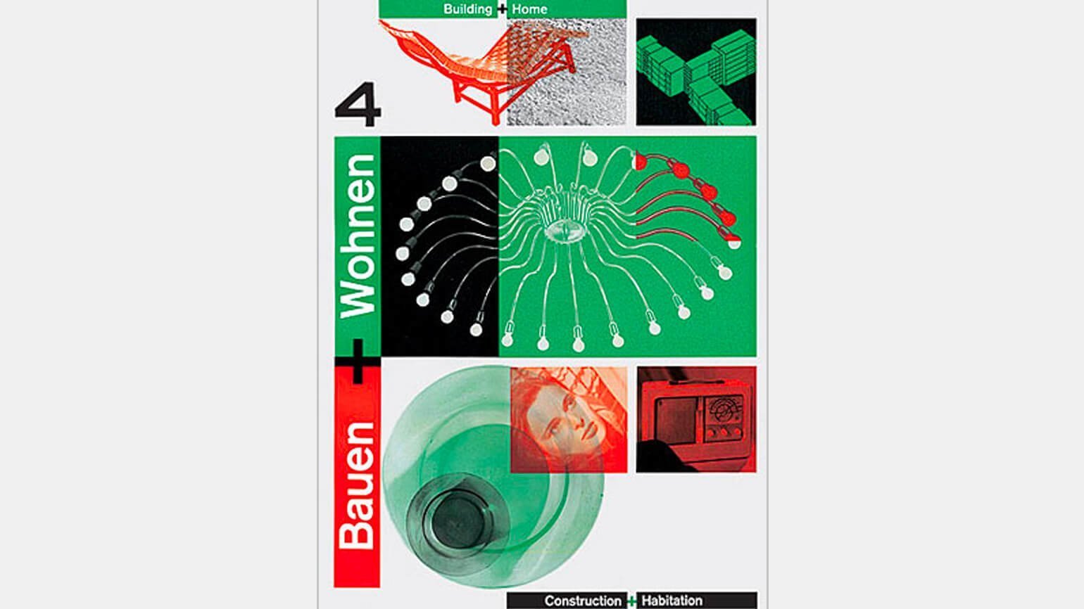 Обложка журнала с красными и зелёными прямоугольниками, красной кушеткой, белой люстрой, зеленой стеклянной посудой — пример швейцарского интернационального стиля дизайна