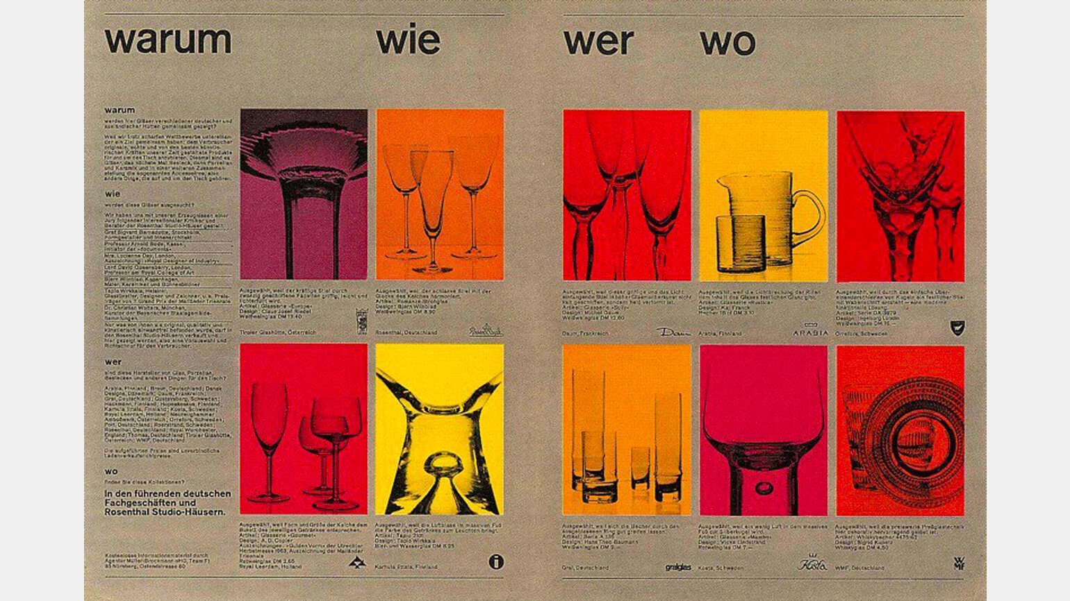 Брошюра на крафтовой бумаге с мелким текстом и изображением стеклянной посуды в красных, оранжевых, желтых и розовых прямоугольниках — пример швейцарского интернационального стиля в дизайне