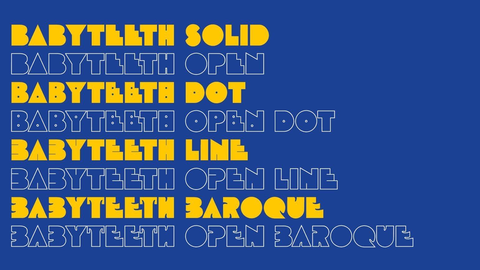 Шрифт желтого цвета и шрифт без заливки с белым контуром на синем фоне — пример психоделического стиля дизайна