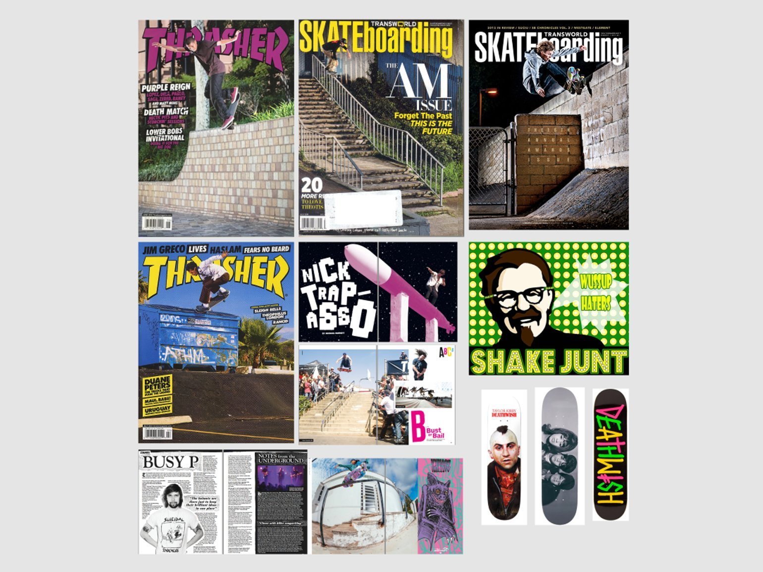 Коллаж из обложек и разворотов журналов о скейтбординге